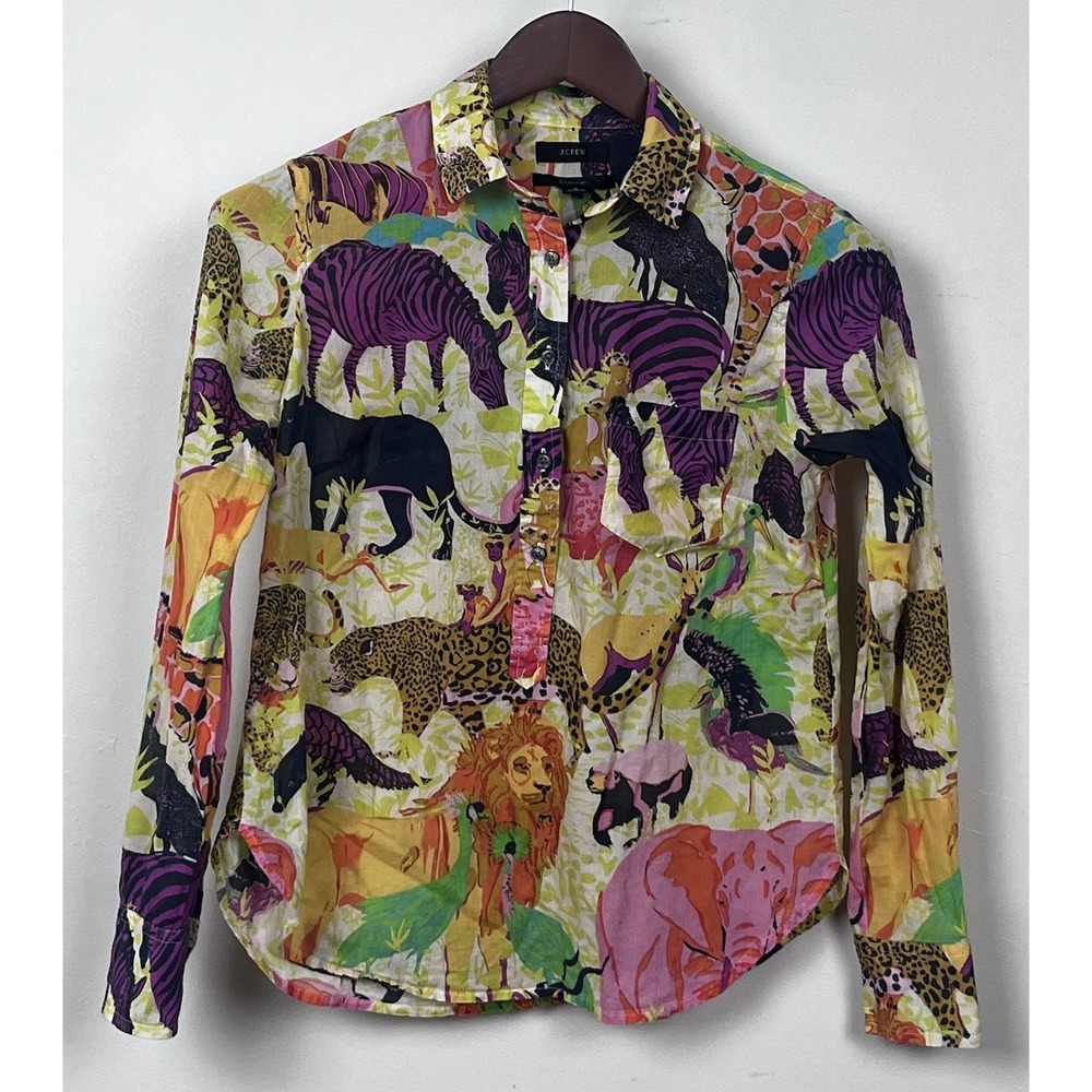 J.Crew Safari Animal Print Button Up Shirt Women 2 Multi Color Jungle Lion Zebra